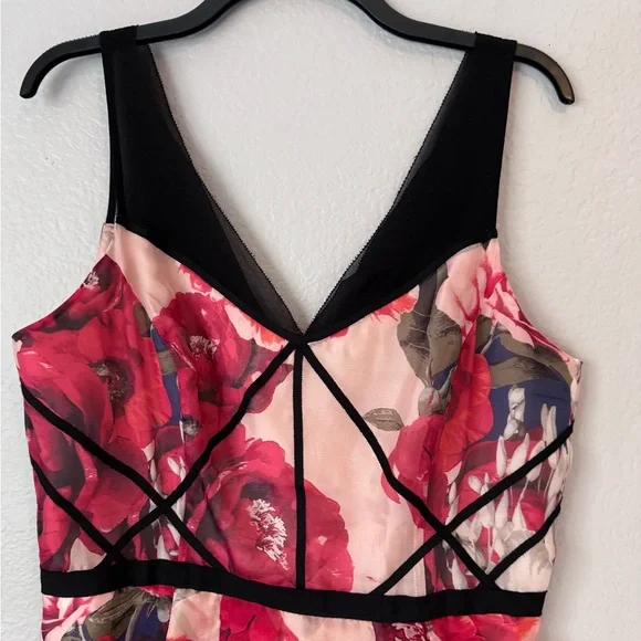 White House Black Market Red Floral Organza Dress Peach Satin Black Accents 10 - Picture 3 of 16
